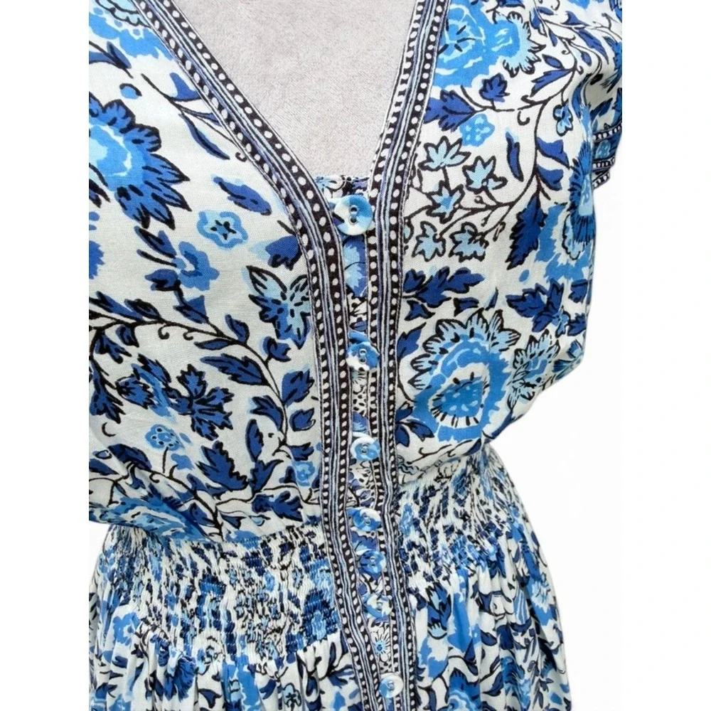 Poupette St Barth Dress Womens S White Blue Boho Chic Floral Coastal Romantic - Picture 5 of 8